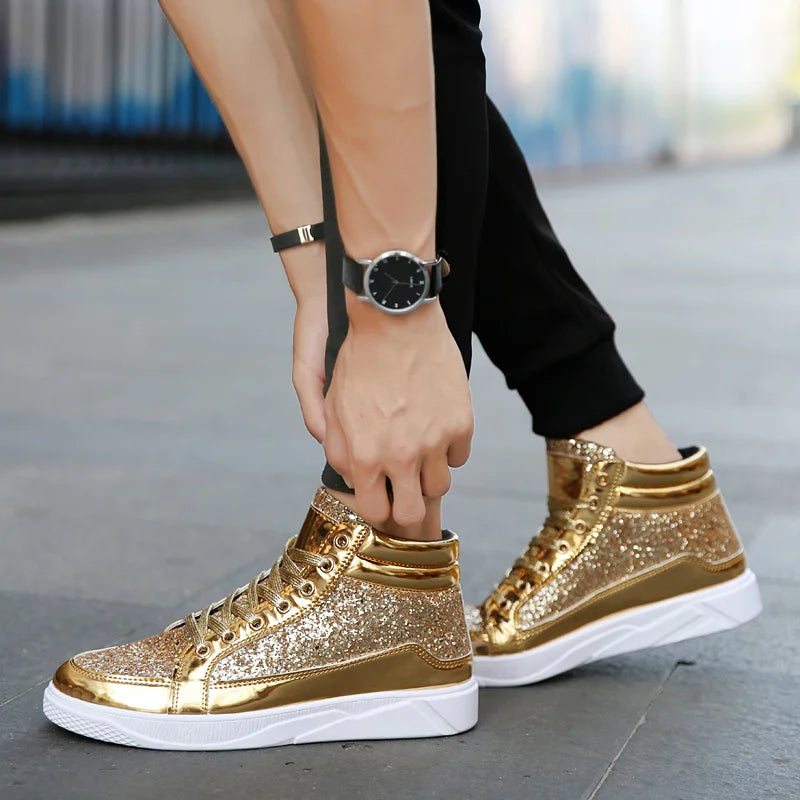 X Hot Fashion Golden Shiny Mirrors Mens Shoes Casual Club Bar Glitter Streetwear Hip hop High top Men Sneakers zapatos de hombre