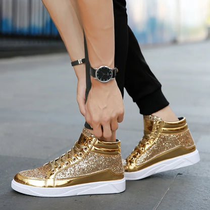 X Hot Fashion Golden Shiny Mirrors Mens Shoes Casual Club Bar Glitter Streetwear Hip hop High top Men Sneakers zapatos de hombre