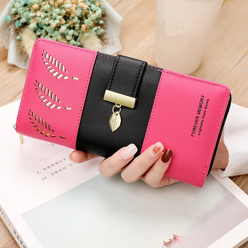 Peris Gems Long Rose Red Hollow Leaves PU Leather Women&