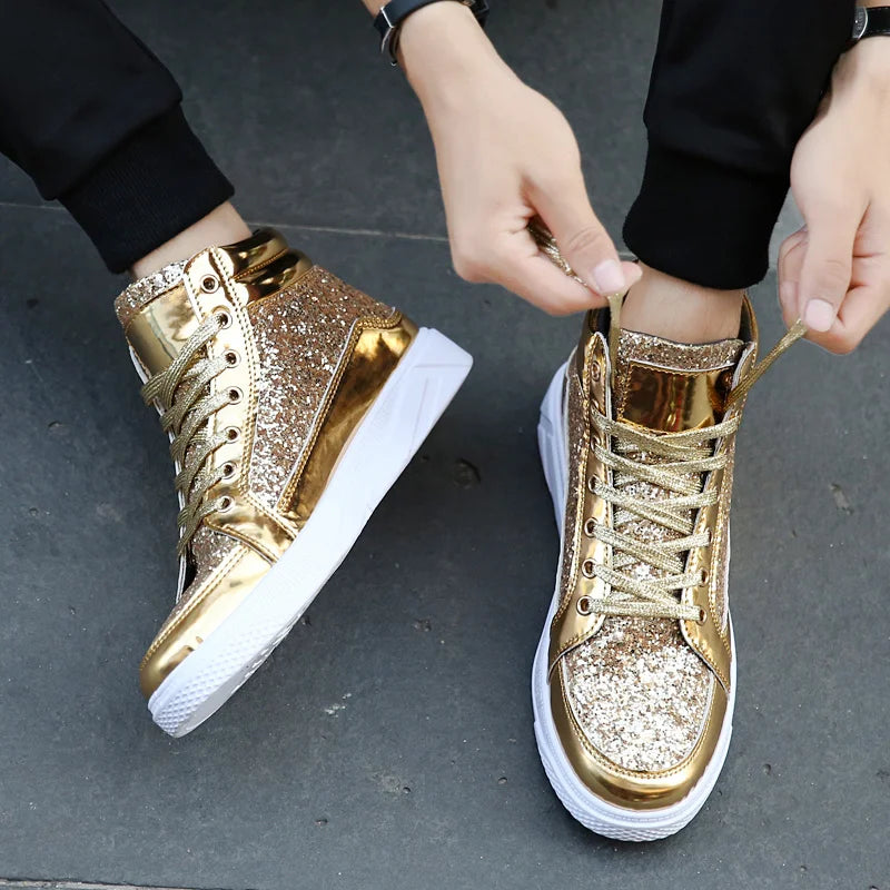 X Hot Fashion Golden Shiny Mirrors Mens Shoes Casual Club Bar Glitter Streetwear Hip hop High top Men Sneakers zapatos de hombre