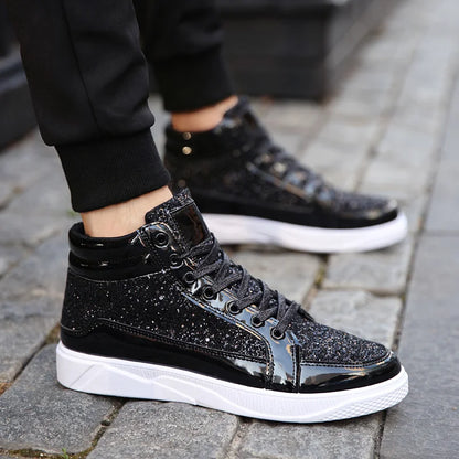 X Hot Fashion Golden Shiny Mirrors Mens Shoes Casual Club Bar Glitter Streetwear Hip hop High top Men Sneakers zapatos de hombre