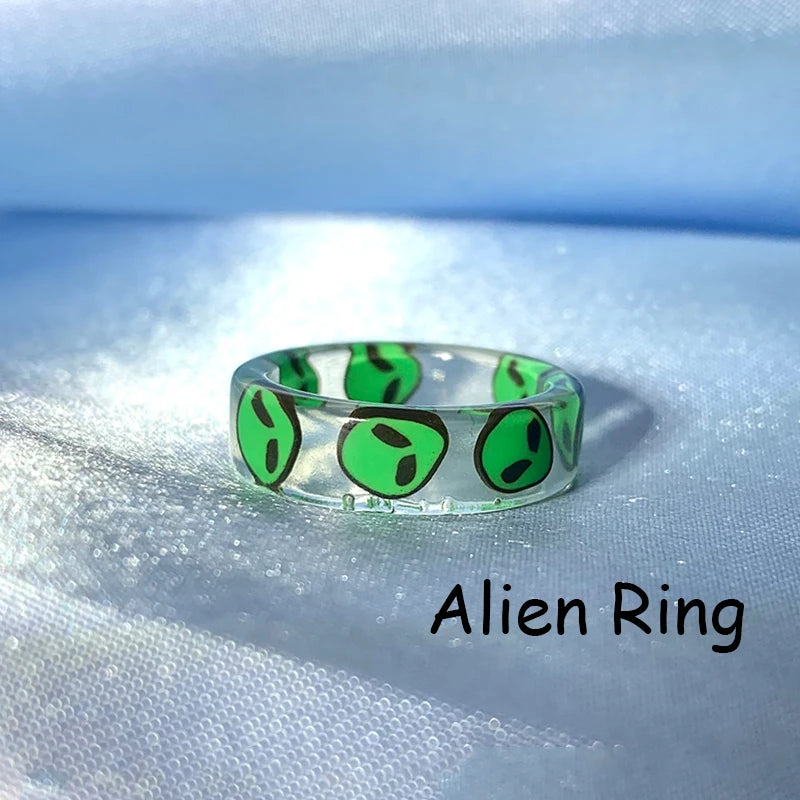 New INS Resin Green Alien ET Rings for Women Y2K Jewelry Punk Fashion Goth Rings Egirl Style Friends Gifts 2000s Aesthetic New