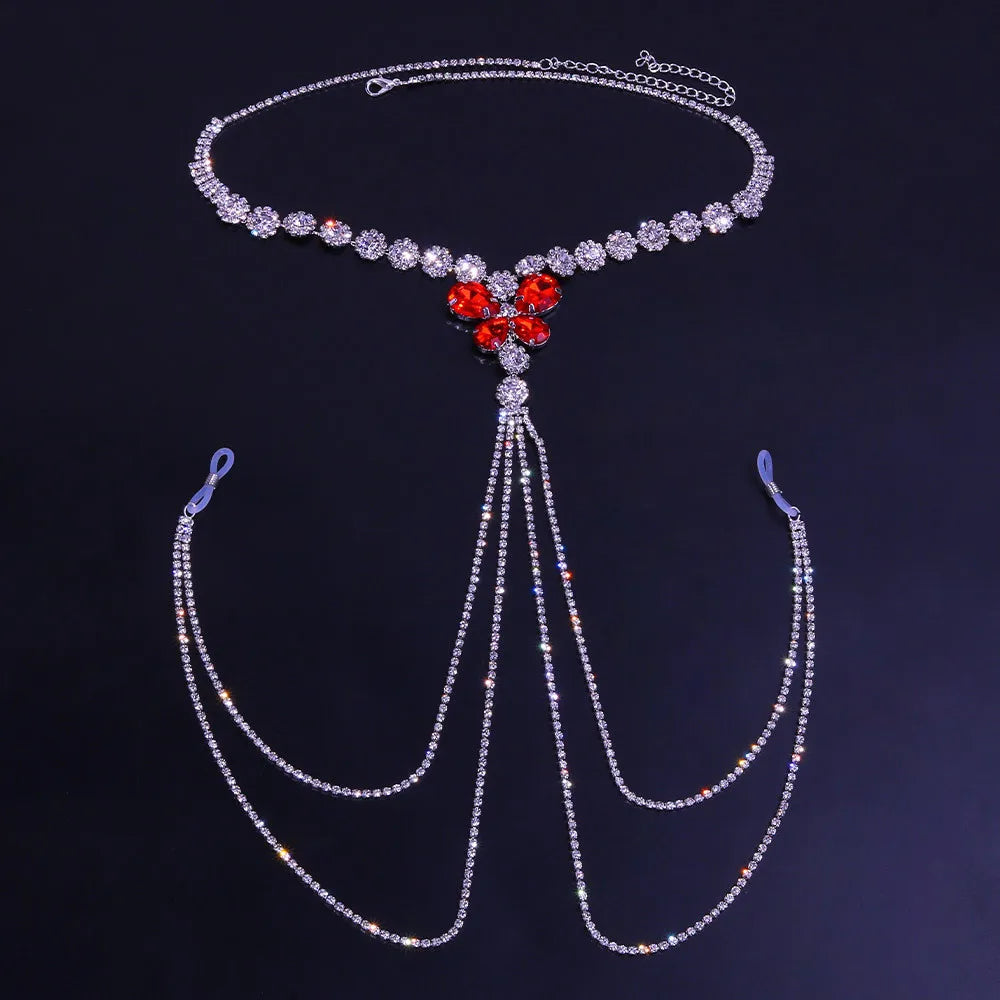 More Style Rhinestone Red Nipple Chain Sexy Lingerie Non Pierced Body Jewelry for Women Luxury Crystal Body Chain Bra Necklace