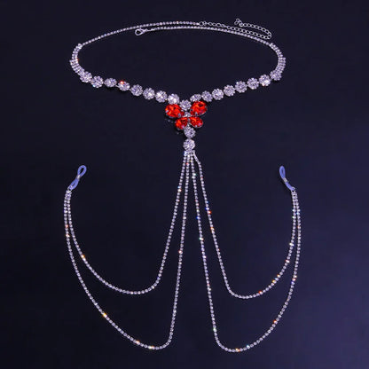 More Style Rhinestone Red Nipple Chain Sexy Lingerie Non Pierced Body Jewelry for Women Luxury Crystal Body Chain Bra Necklace