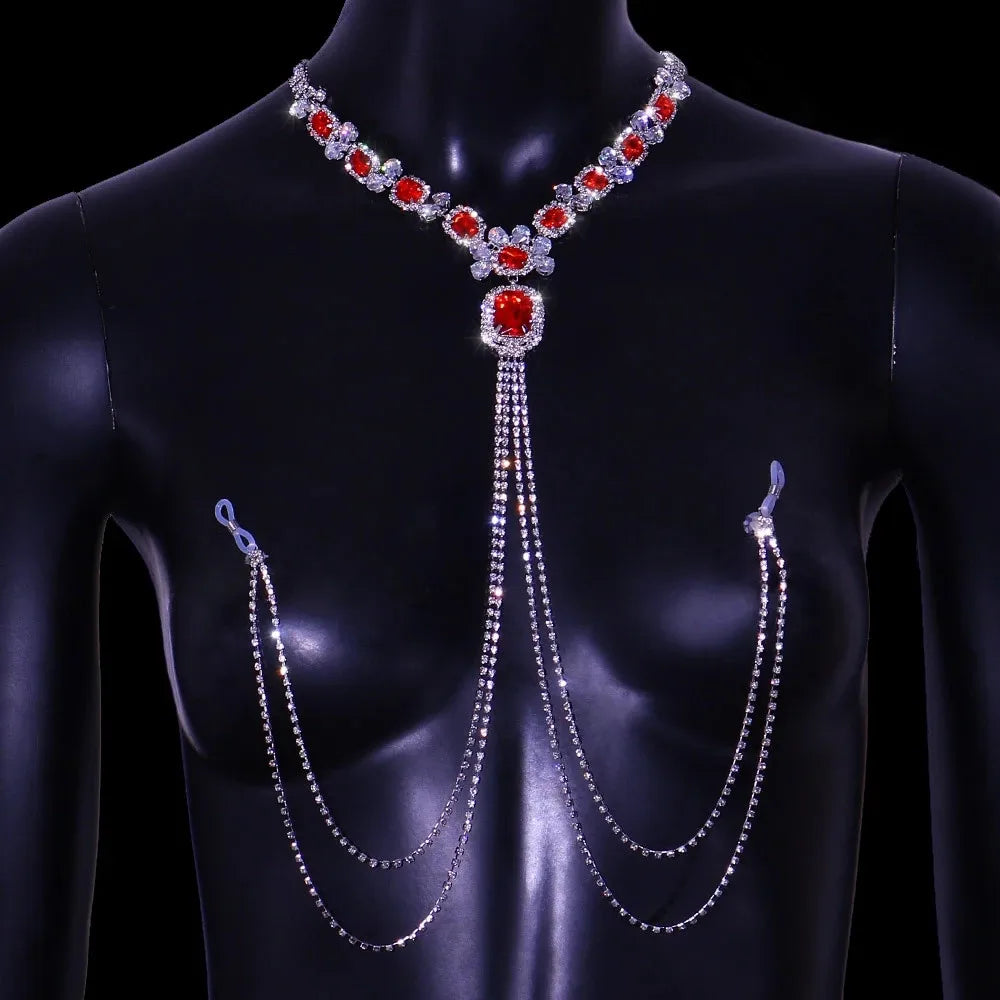 More Style Rhinestone Red Nipple Chain Sexy Lingerie Non Pierced Body Jewelry for Women Luxury Crystal Body Chain Bra Necklace