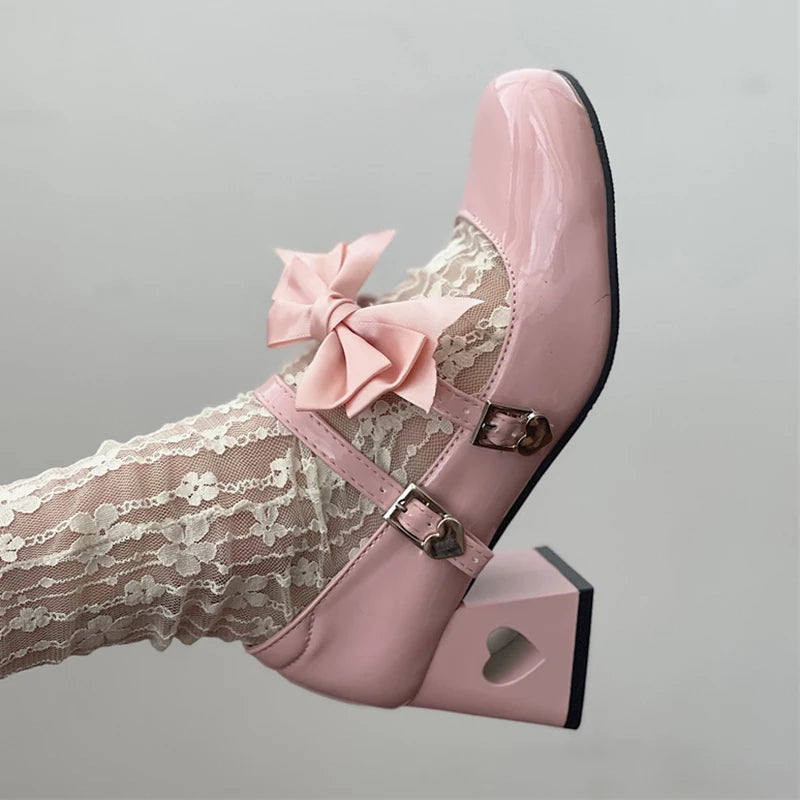 Pink Mary Jane Lolita Shoes Women 2023 Autumn Y2K Patent Leather Low Heels Pumps Woman Silk Bowtie Ankle Straps Party Shoes