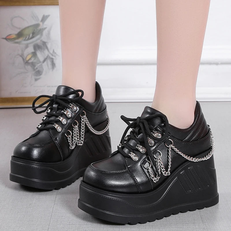 Metal Chain Punk Gothic Shoes Woman Thick Bottom High Wedge Sneakers for Women 2023 New Black Chunky Platform Y2K Uniform Shoes