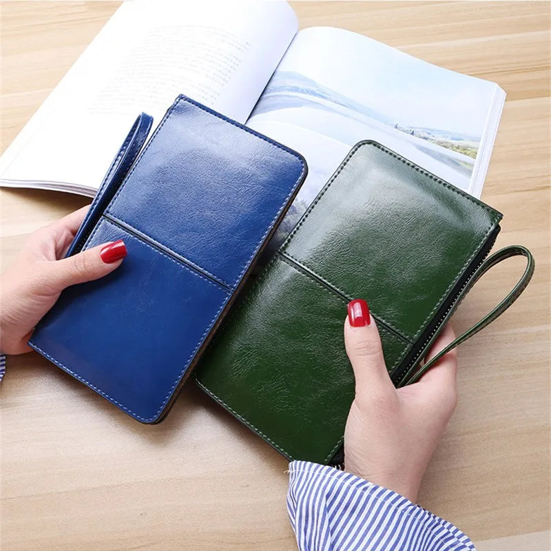 Vintage Oil Wax Leather Zipper Clutch Wallet Female Large Capacity Coin Purse Ladies Wristband Simple Card Holder Women&