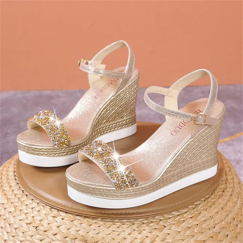 Ladies Breathable Sequin Elegant Wedge Heel Large Size Sandals Outside Streetwear Indoor Outdoor Female Shoes