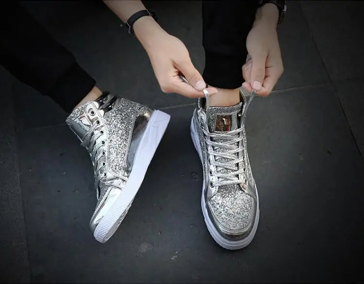 Hot Fashion Golden Shiny Mirrors Mens Shoes Casual Club Bar Glitter Streetwear Hip hop High top Men Sneakers casual shoes