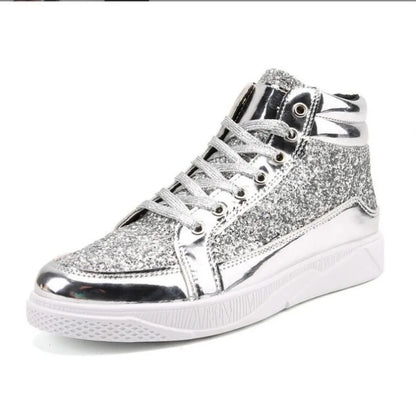 Hot Fashion Golden Shiny Mirrors Mens Shoes Casual Club Bar Glitter Streetwear Hip hop High top Men Sneakers casual shoes