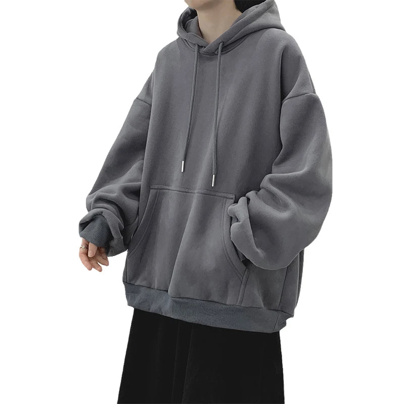 Dark Grey Hoodie Men Sweatshirt Autumn Winter Clothes Pure Color Y2k Pullover Top Boy Version Trend Loose Fleece Coat Oversized