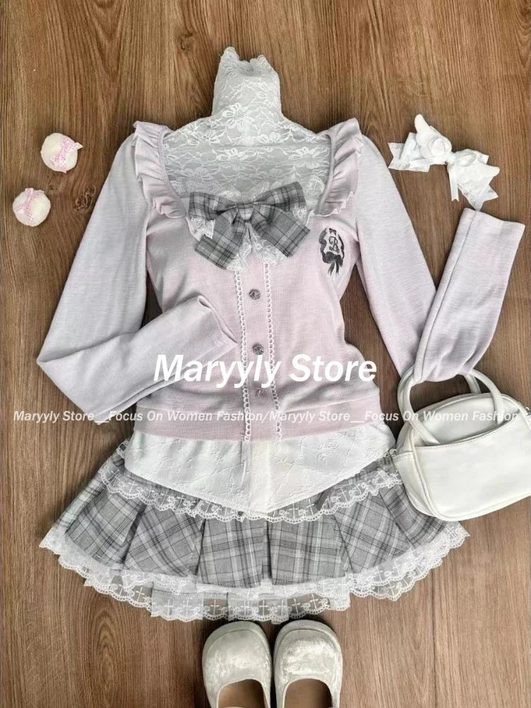 Japanese Sweet Preppy Style 2 Piece Set Women Kawaii Lace Patchwork Bow Tops + Y2k Plaid Mini Skirt Elegant Fashion Outifits New