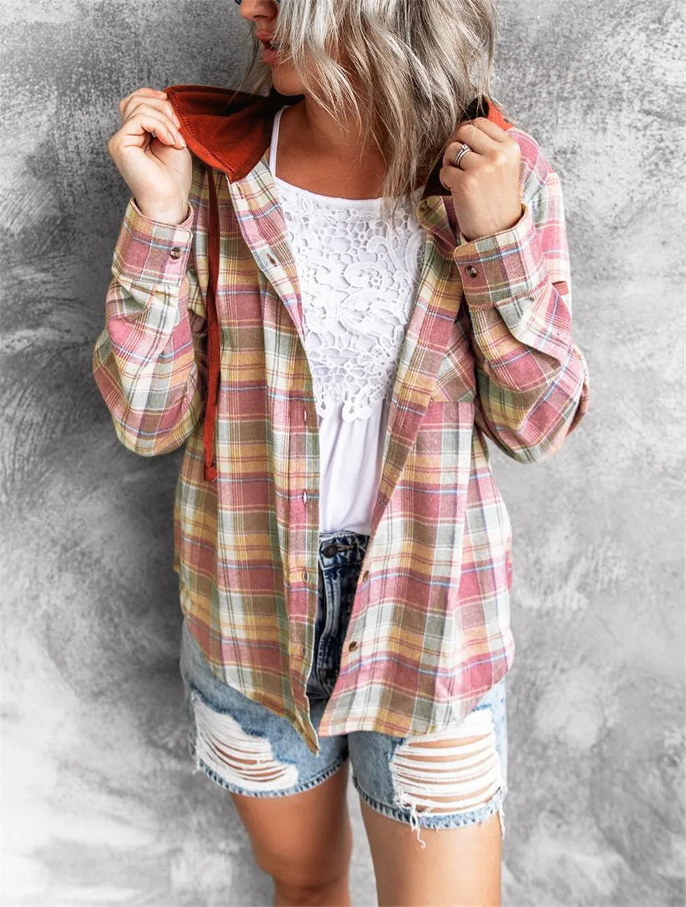 Women Autumn Hooded Collar Plaid Sweatshirt Tide Drawstring Loose Casual Hoodies Button With Chest-pocket