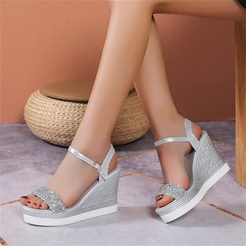 Ladies Breathable Sequin Elegant Wedge Heel Large Size Sandals Outside Streetwear Indoor Outdoor Female Shoes