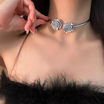 Silver Color Trendy Rose Flower Pendant Clavicular Chain For Women Double Layer Leather Choker Y2K Necklace Temperament Jewelry