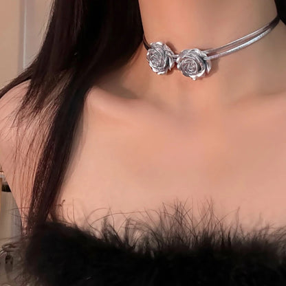 Silver Color Trendy Rose Flower Pendant Clavicular Chain For Women Double Layer Leather Choker Y2K Necklace Temperament Jewelry