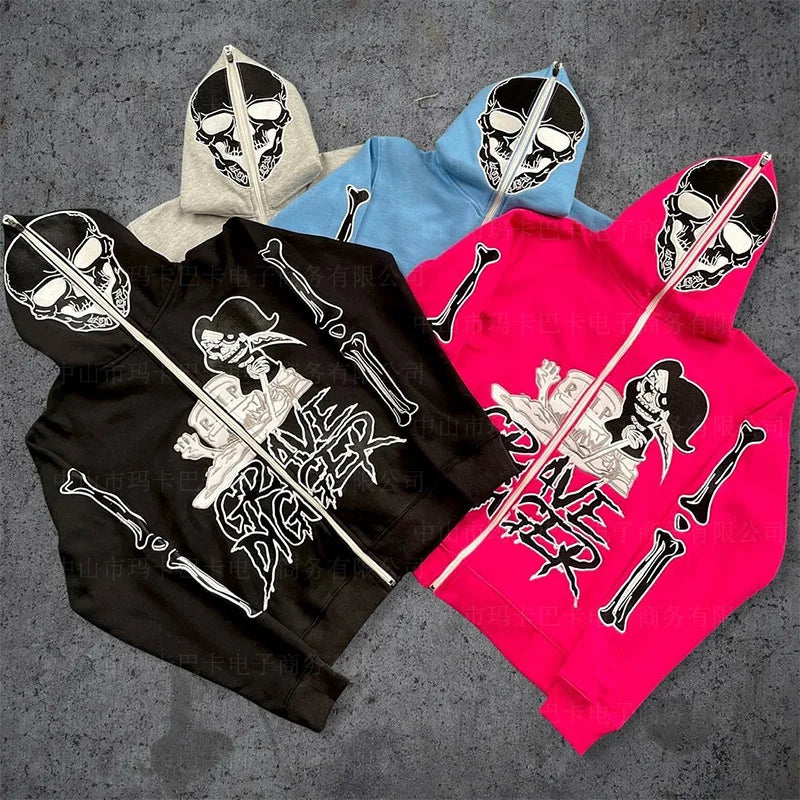 Y2K new fall/winter sweatshirt Harajuku style skull embroidery fashion street trend full zipper hooded long sleeve sweatshirt