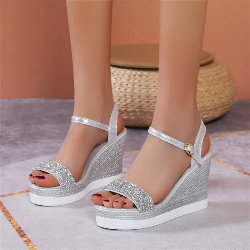 Ladies Breathable Sequin Elegant Wedge Heel Large Size Sandals Outside Streetwear Indoor Outdoor Female Shoes