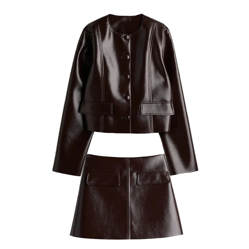 Peris Gems O-neck set / S Fashion Leather Mini Skirt Sets Women Y2K Long Sleeve Bike Jacket Hip Package Short Skirt Suits Female Street Motorcycle Outfits Fashion Leather Mini Skirt Sets Women Y2K Long Sleeve Bike Jacket Hip Package Short Skirt Suits Female Street Motorcycle Outfits SHEIN Amazon Temu