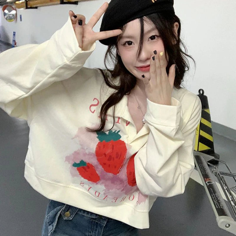 MEXZT Women Sweet Strawberries Print Sweatshirt Pullovers Korean Lazy Wind Loose Y2k Top Fall Casual Turn-down Collar Clothes