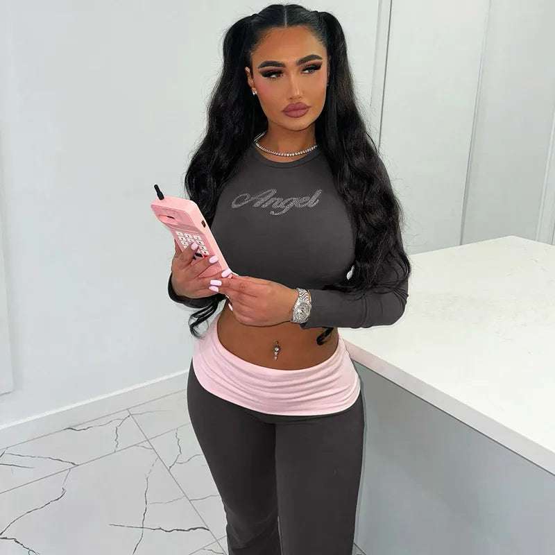 New Casual Sporty 2 Piece Sets Women Tracksuits Letter Rhinestone Long Sleeve Crop Tops and Flared Pants Match Y2K Streetwear