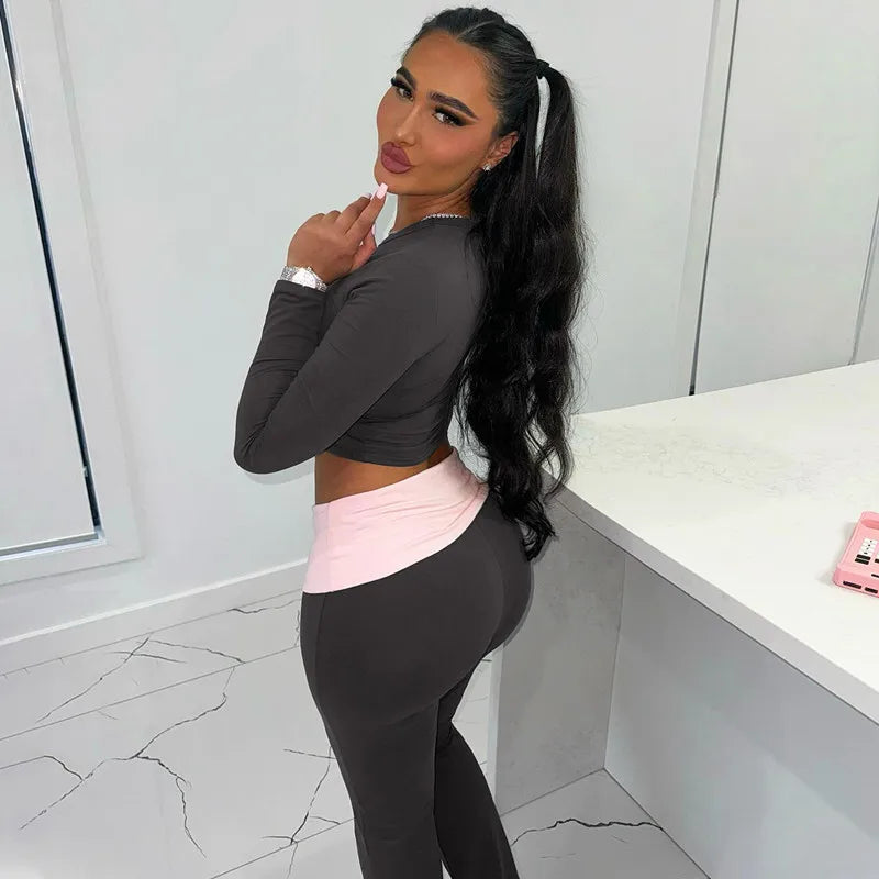 New Casual Sporty 2 Piece Sets Women Tracksuits Letter Rhinestone Long Sleeve Crop Tops and Flared Pants Match Y2K Streetwear