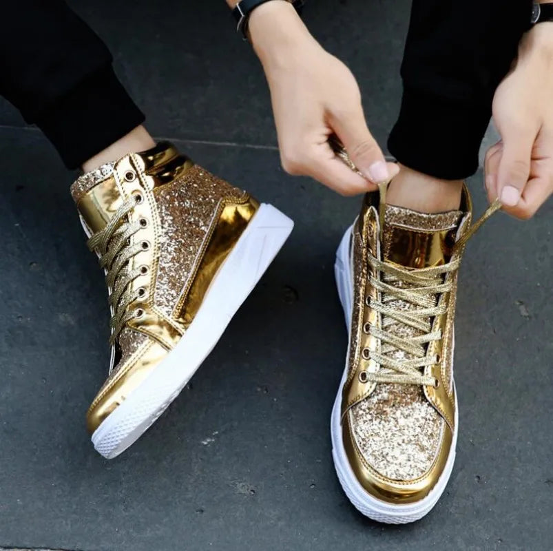 Hot Fashion Golden Shiny Mirrors Mens Shoes Casual Club Bar Glitter Streetwear Hip hop High top Men Sneakers casual shoes