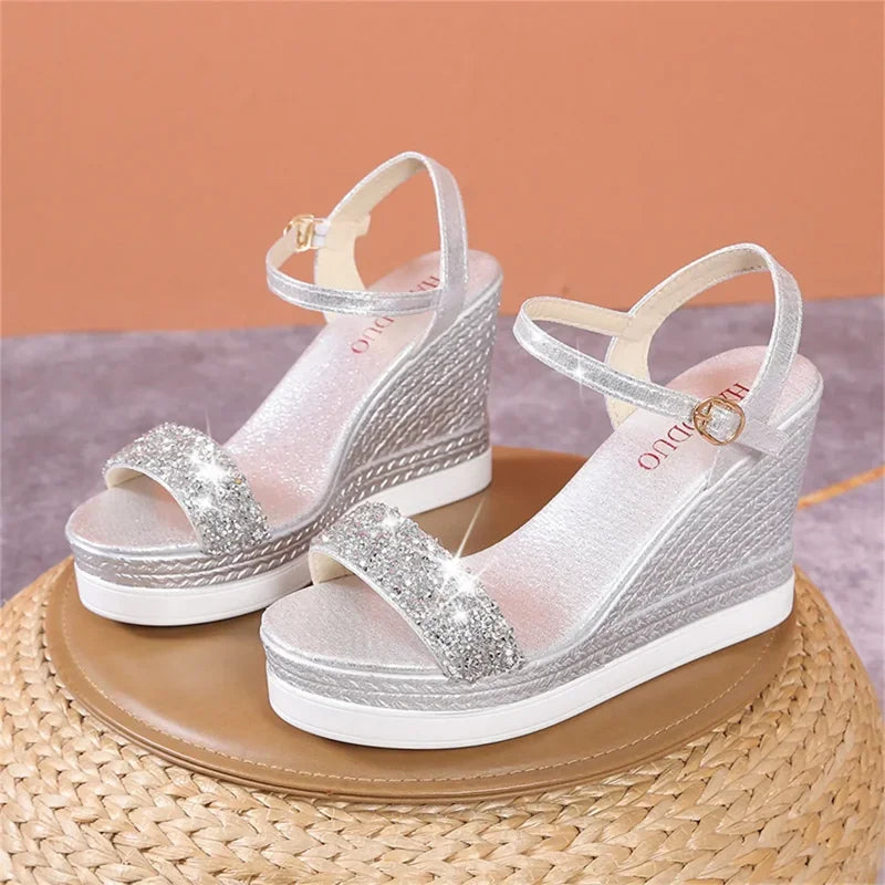 Ladies Breathable Sequin Elegant Wedge Heel Large Size Sandals Outside Streetwear Indoor Outdoor Female Shoes