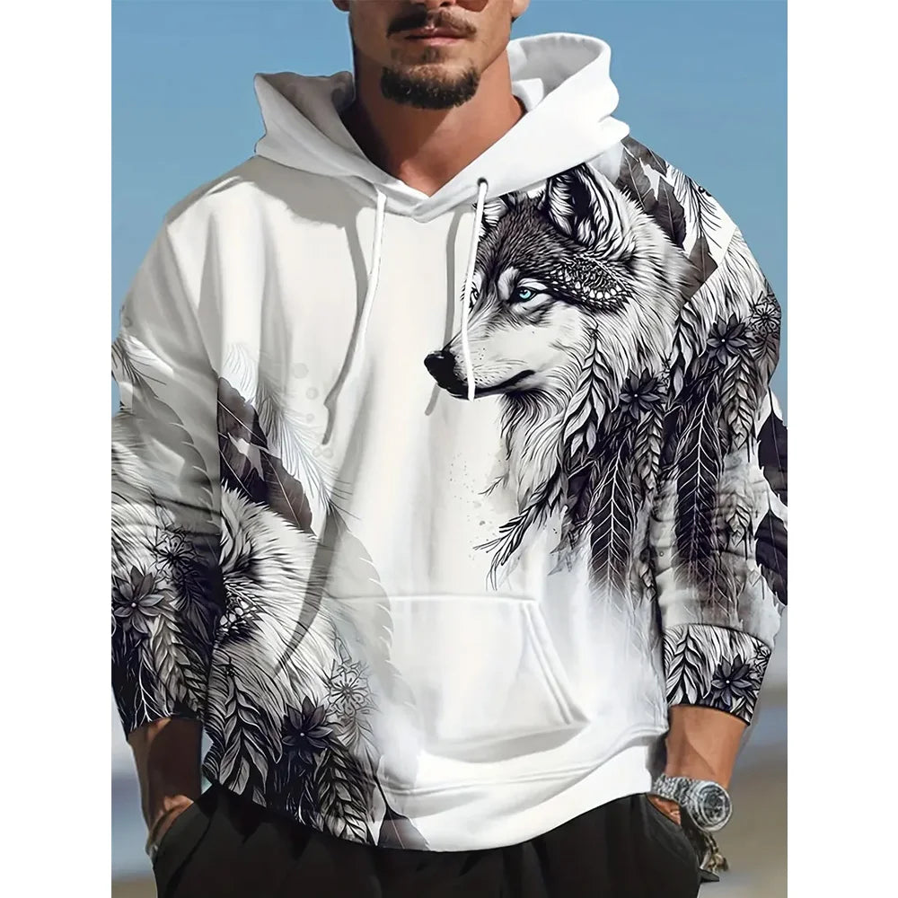 2024 New hoodie and sweatshirt for men, Fall/Winter y2k Fashion Casual Animal 3d Wolf Printed hoodie for men Outdoor Sports plus