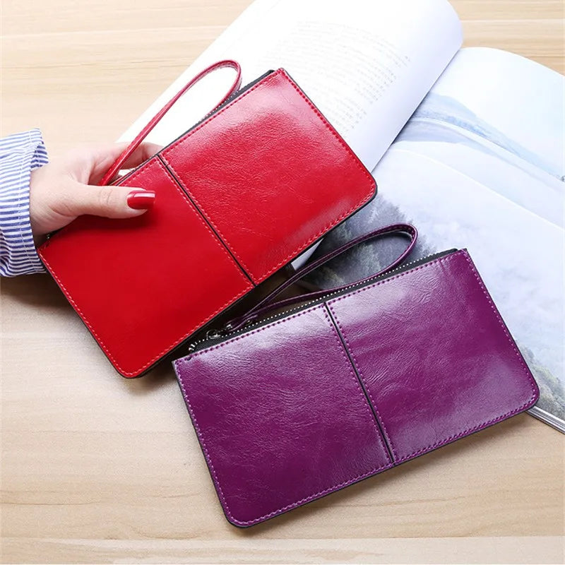 Vintage Oil Wax Leather Zipper Clutch Wallet Female Large Capacity Coin Purse Ladies Wristband Simple Card Holder Women&