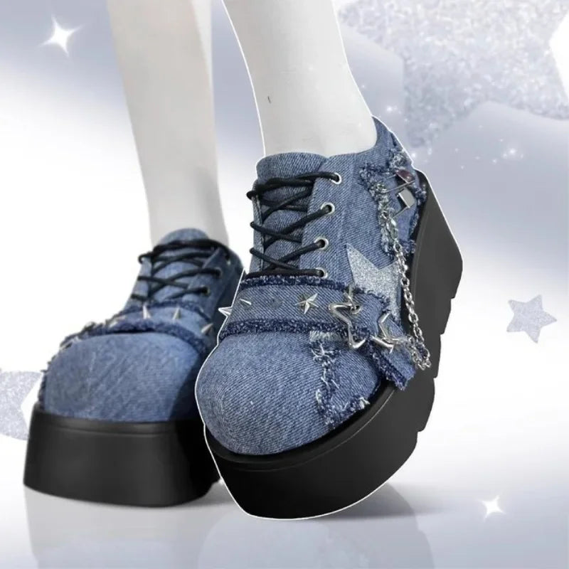 Platform Wedges Pumps for Women Y2k Mary Jane Pumps Spring Autumn Lace Up Chunky  New Rock Shoes Metal Mary Janes