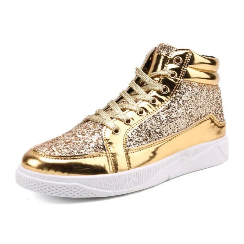 Hot Fashion Golden Shiny Mirrors Mens Shoes Casual Club Bar Glitter Streetwear Hip hop High top Men Sneakers casual shoes