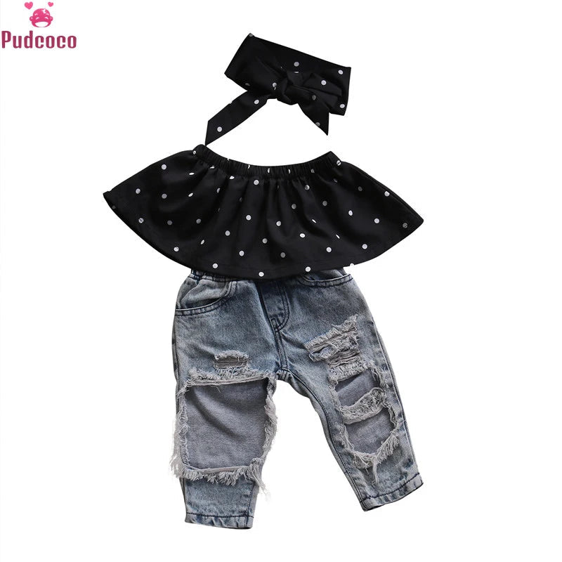 Peris Gems 0-3Y Summer Fashion Toddler Clothes Baby Girls Dot Sleeveless Tops+Hole Jeans Outfits Casual 3pcs Clothes Set SHEIN Amazon Temu