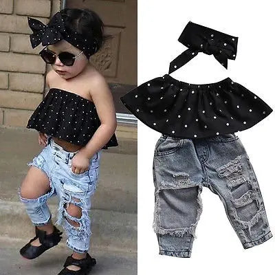 Peris Gems 0-3Y Summer Fashion Toddler Clothes Baby Girls Dot Sleeveless Tops+Hole Jeans Outfits Casual 3pcs Clothes Set SHEIN Amazon Temu