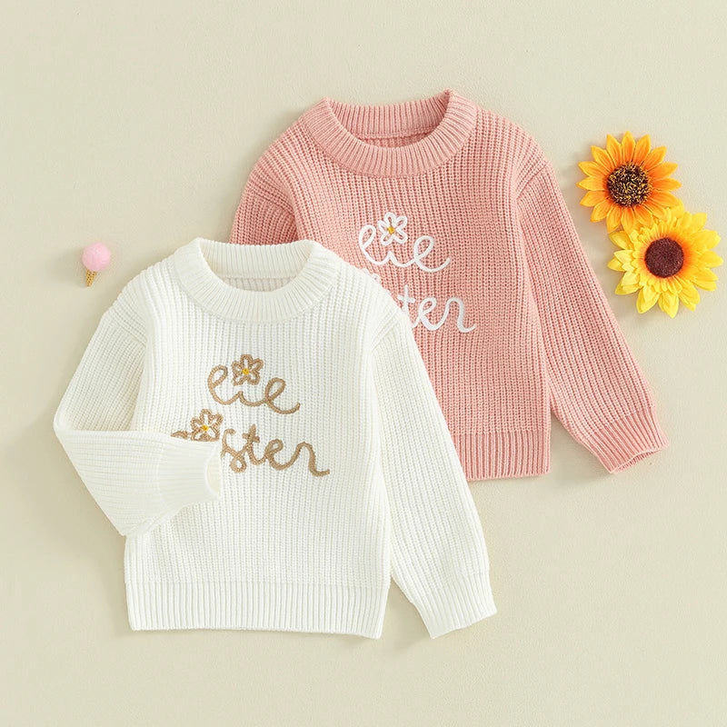 Peris Gems 0-4Y Spring Autumn Kids Baby Girls Warm Sweaters Letter Embroidery Knitted Loose O-neck Long Sleeve Sweater Jumpers Tops Clothes SHEIN Amazon Temu