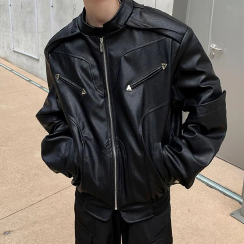 Peris Gems 01 Black / M Y2K Leather Jackets Men Vintage Patchwork Stand Collar Zipper PU Leather Coat Mens 2024 Fall Trendy Loose Solid Color Outerwear SHEIN Amazon Temu