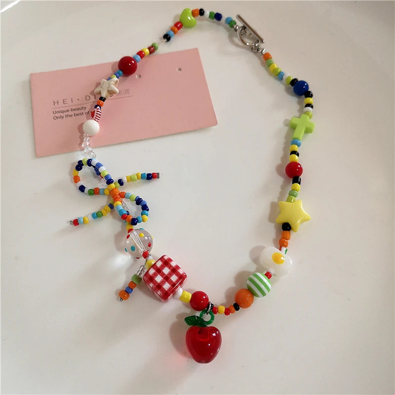 Peris Gems 1 Kpop Fashion Heart Fruit Tomato Bowknot Pendant Colorful Beaded Necklace Woman Aesthetic Jewelry Cute Summer Y2K EMO Accessories SHEIN Amazon Temu