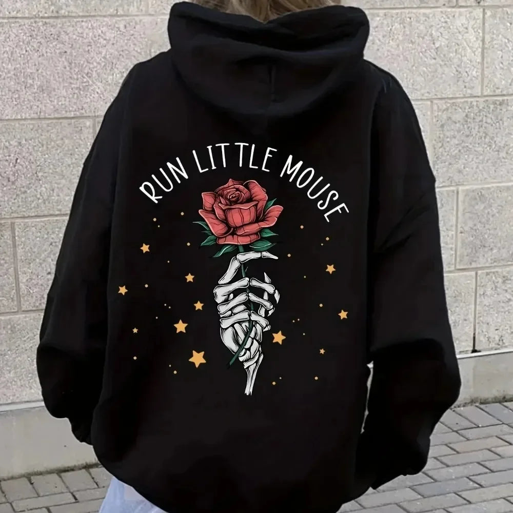 Peris Gems 2024 Skeleton hand and Rose Graphic Print Hoodie Casual Hooded Sweatshirt For Winter Fall Women&