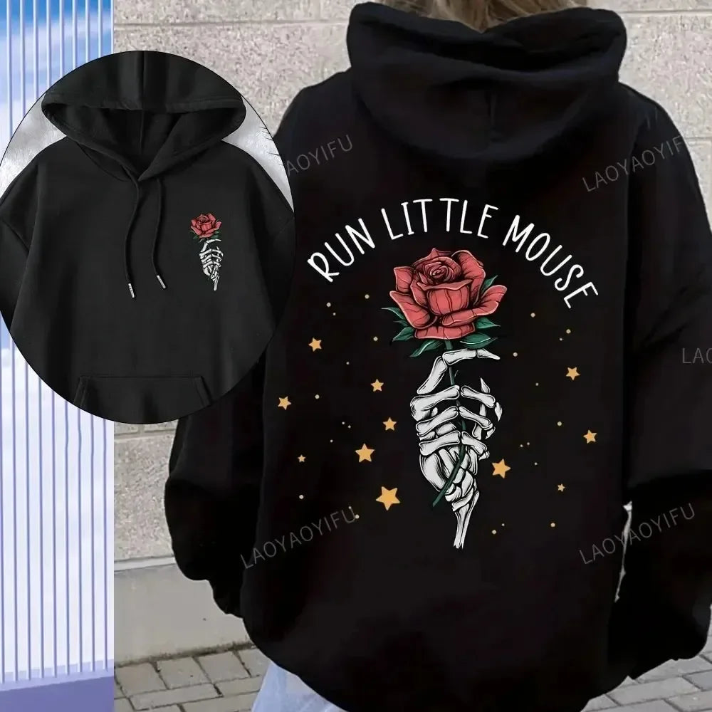 Peris Gems 2024 Skeleton hand and Rose Graphic Print Hoodie Casual Hooded Sweatshirt For Winter Fall Women&