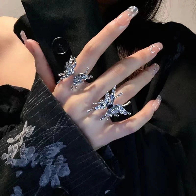 Peris Gems 2PCS SET 2PCS SET Punk Irregular Liquid Metal Butterfly Adjustable Open Rings For Women Aesthetic Egirl Gothic Trend Insect Y2K Jewelry SHEIN Amazon Temu