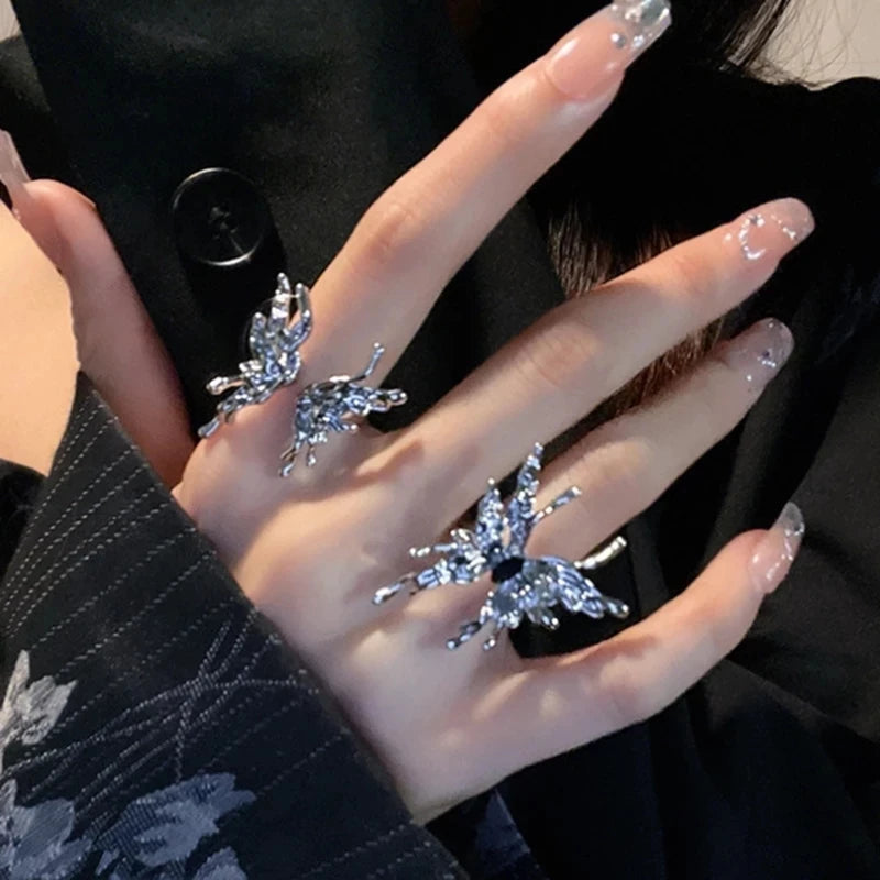 Peris Gems 2PCS SET Punk Irregular Liquid Metal Butterfly Adjustable Open Rings For Women Aesthetic Egirl Gothic Trend Insect Y2K Jewelry SHEIN Amazon Temu