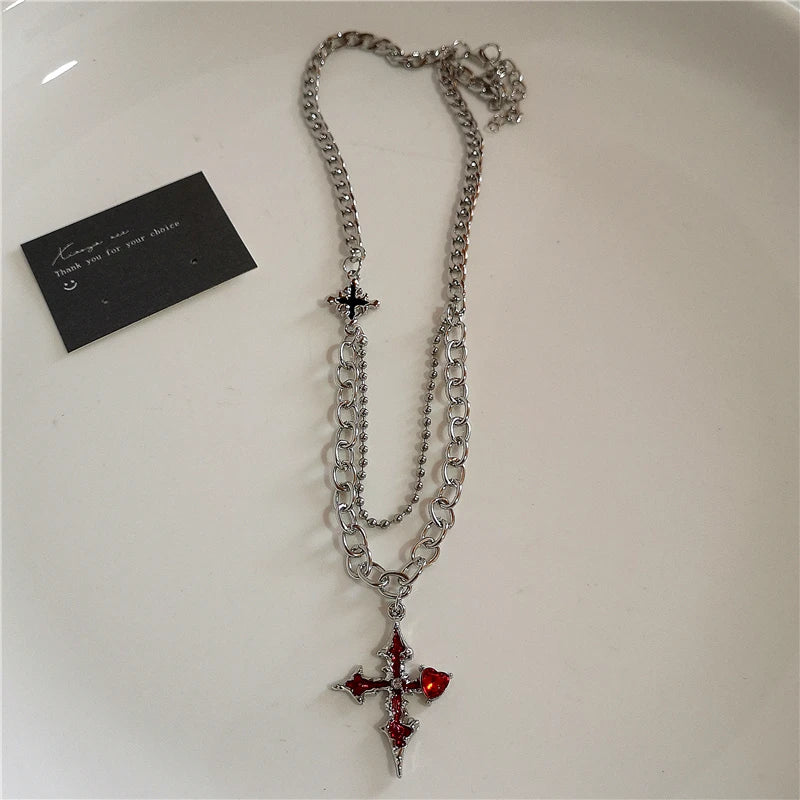 Peris Gems 4 Cross Heart Red Stone Hand Bone Pendants Choker Chain Necklace Ins Punk Goth Charm Korean Men Women Y2K EMO Accessories Jewelry SHEIN Amazon Temu