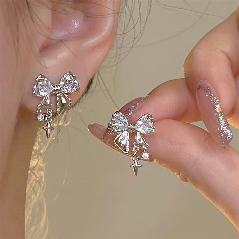 Peris Gems 5690001 Y2k Bowknot Heart Zircon Stud Earrings For Women Girls Silver Color Star Piercing Earrings Set Korean Trendy Jewelry Party Gifts SHEIN Amazon Temu