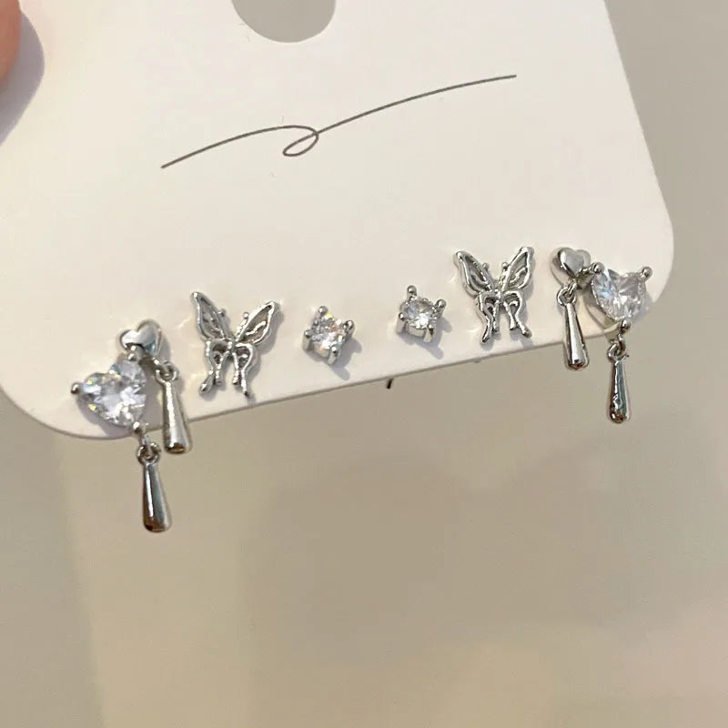 Peris Gems 5738301 Y2k Bowknot Heart Zircon Stud Earrings For Women Girls Silver Color Star Piercing Earrings Set Korean Trendy Jewelry Party Gifts SHEIN Amazon Temu