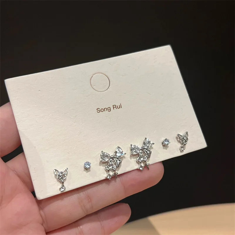 Peris Gems 5796601 Y2k Bowknot Heart Zircon Stud Earrings For Women Girls Silver Color Star Piercing Earrings Set Korean Trendy Jewelry Party Gifts SHEIN Amazon Temu