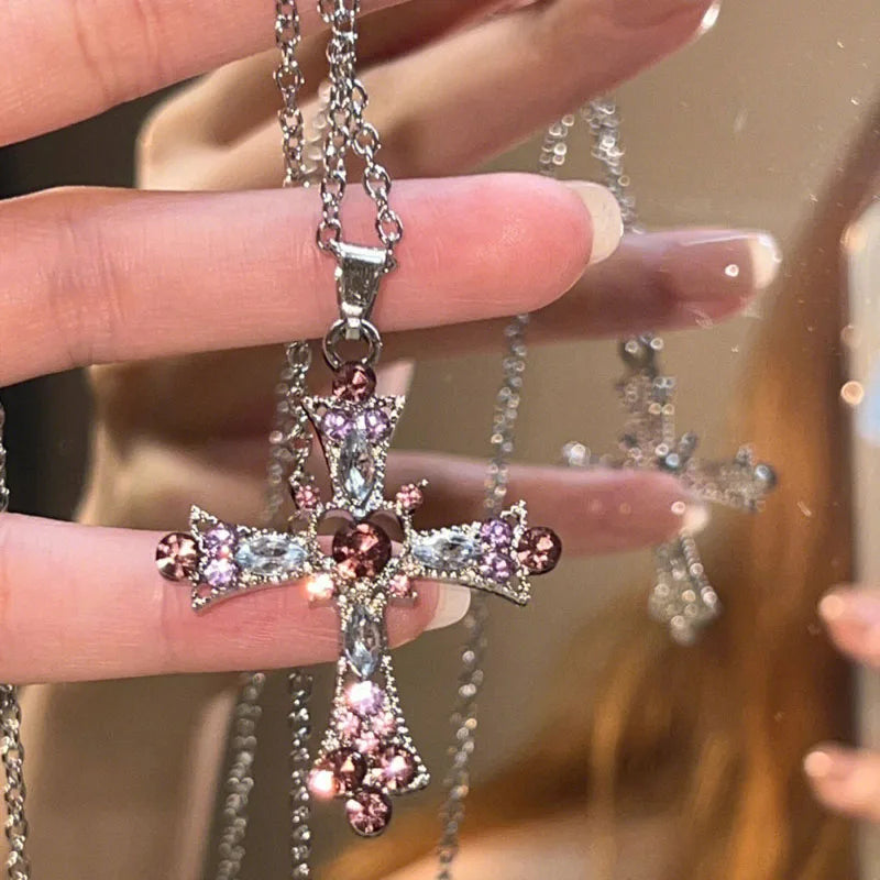 Peris Gems A Gothic Pink Cross Necklaces Y2K Purple Zircon Punk Pendant Necklace Grunge Heart Cross Necklace for Women Jewelry Accessories SHEIN Amazon Temu