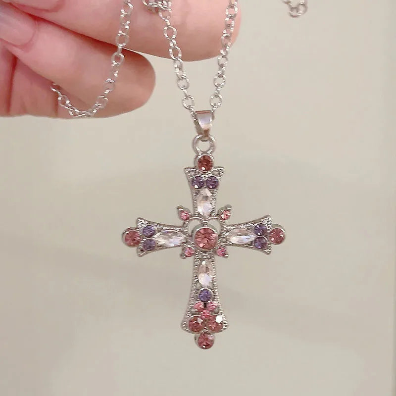 Peris Gems A Gothic Pink Cross Necklaces Y2K Purple Zircon Punk Pendant Necklace Grunge Heart Cross Necklace for Women Jewelry Accessories SHEIN Amazon Temu