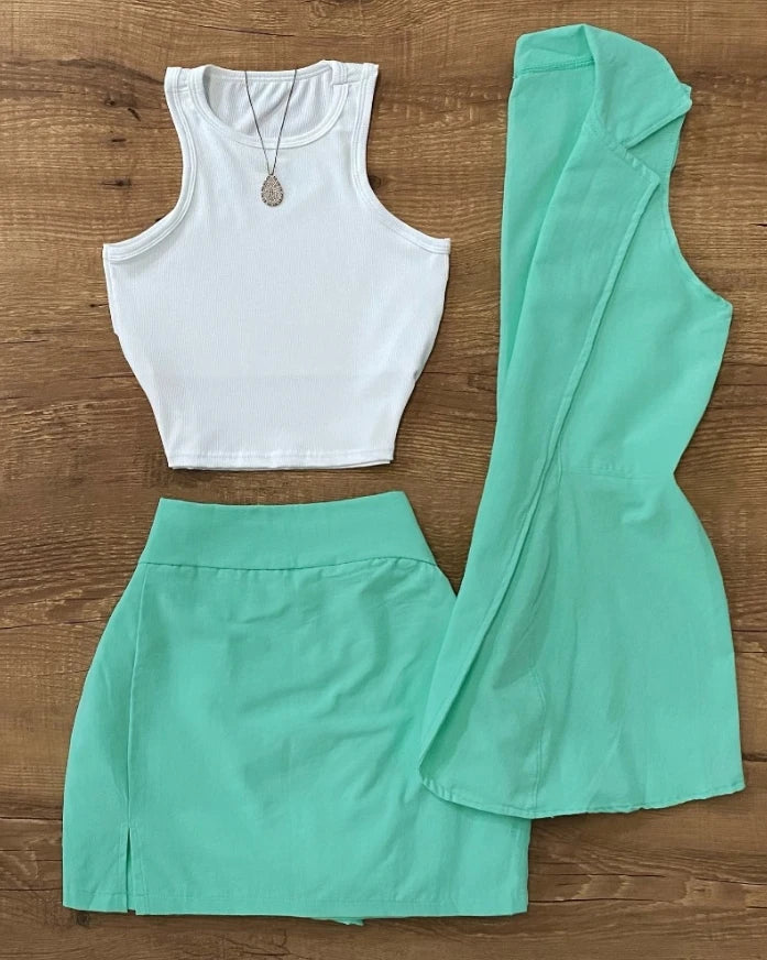 Peris Gems A / L Sets for Women 3 Pieces Outfits 2025 casual commuting sleeveless Blazer Jacket round neck white vest and green mini skirt set Sets for Women 3 Pieces Outfits 2025 casual commuting sleeveless Blazer Jacket round neck white vest and green mini skirt set SHEIN Amazon Temu