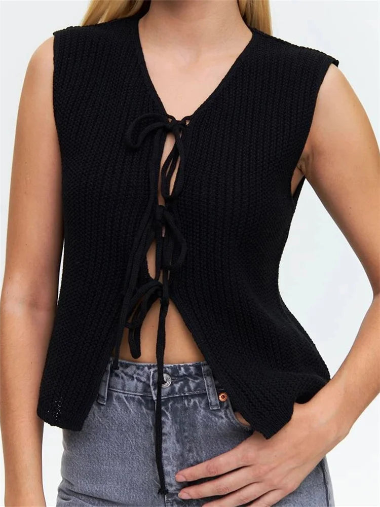 Peris Gems A / S CHRONSTYLE Y2K Women Knitted Sweaters Vest Tops Loose Casual Retro Sleeveless V-Neck Tie-Up Tank Summer Fall Chic Vest 2024 Club SHEIN Amazon Temu